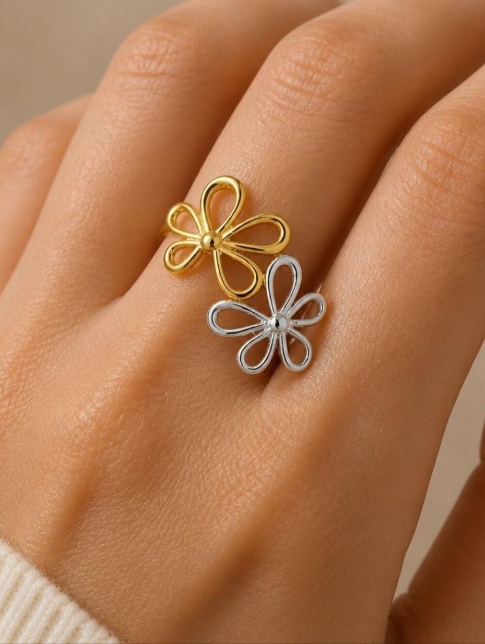 Two Tone Flower Ring Gold Silver Floral Adjustable Open Band Statement Ring
